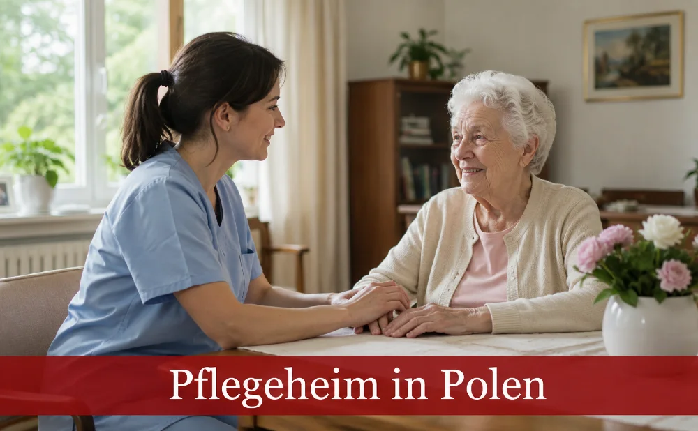 Schwester und Bewohnerin in einem Pflegeheim. Text: Pflegeheim in Polen